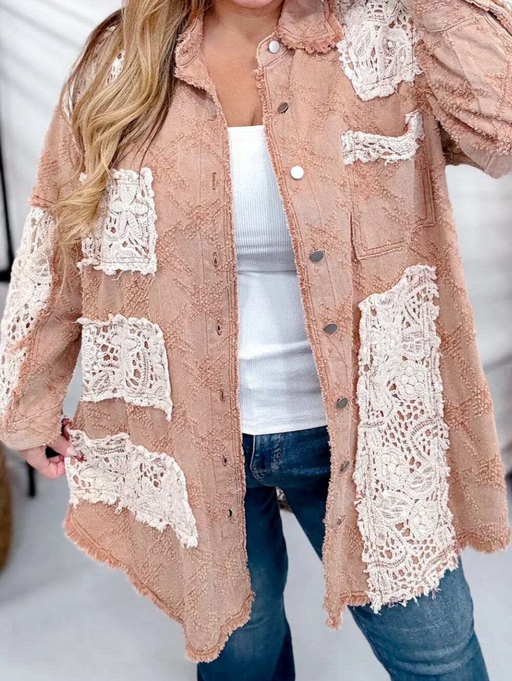 POL Peach Jam Boho Lace-Panel Distressed Shacket Tagged S/M Very OS